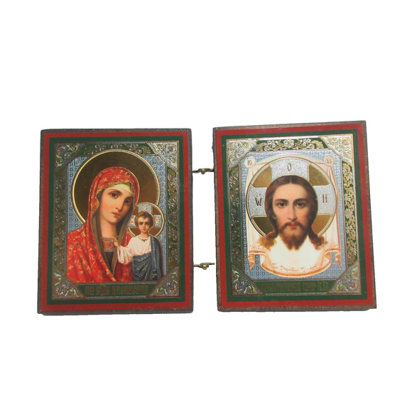 Russian Diptych Icon Virgin of Kazan and Icon not Made by Hand 3" X 2.5" - Picture 2 of 8